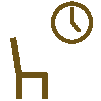 The image depicts a stylized icon of a person sitting in an armchair with their legs crossed, holding a book, and looking at a clock on the wall, which reads  10 35 .